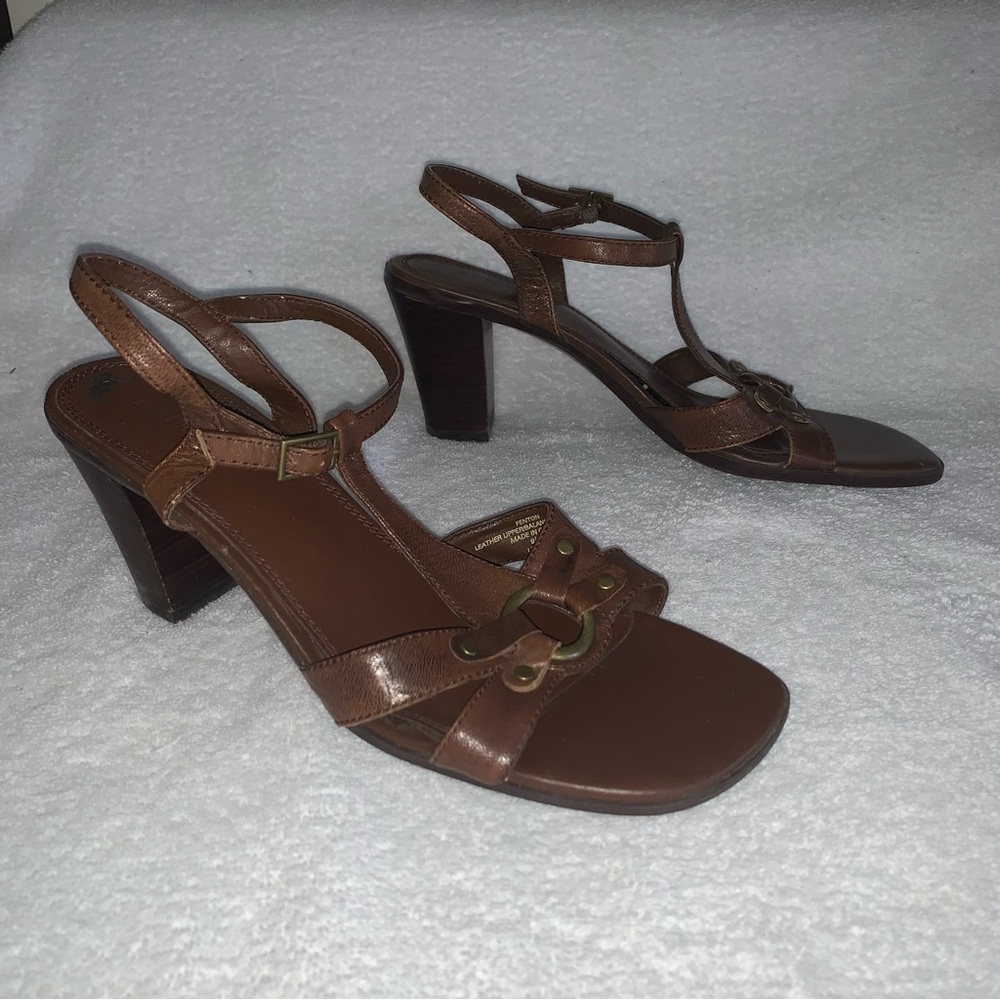 Women’s 9 1/2 M Vtg LIZ CLAIBORNE FENTON Brown Leather Heeled Slingback Sandals